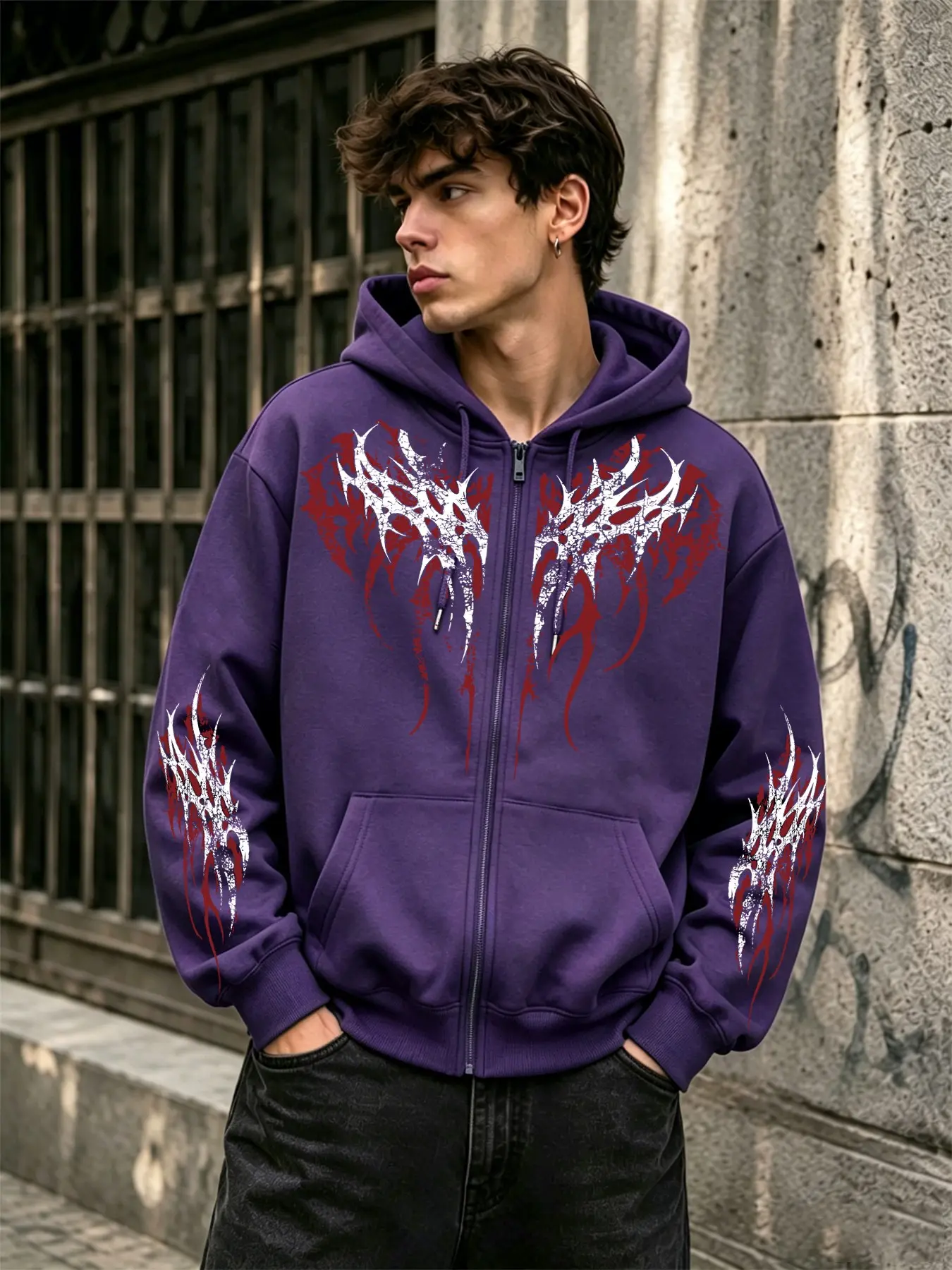 Metal Thorn Print Zipper Hooded Open Front Sweatshirt, Casual Long Sleeve Fitted Asymmetrical Design, All Seasons Clothing