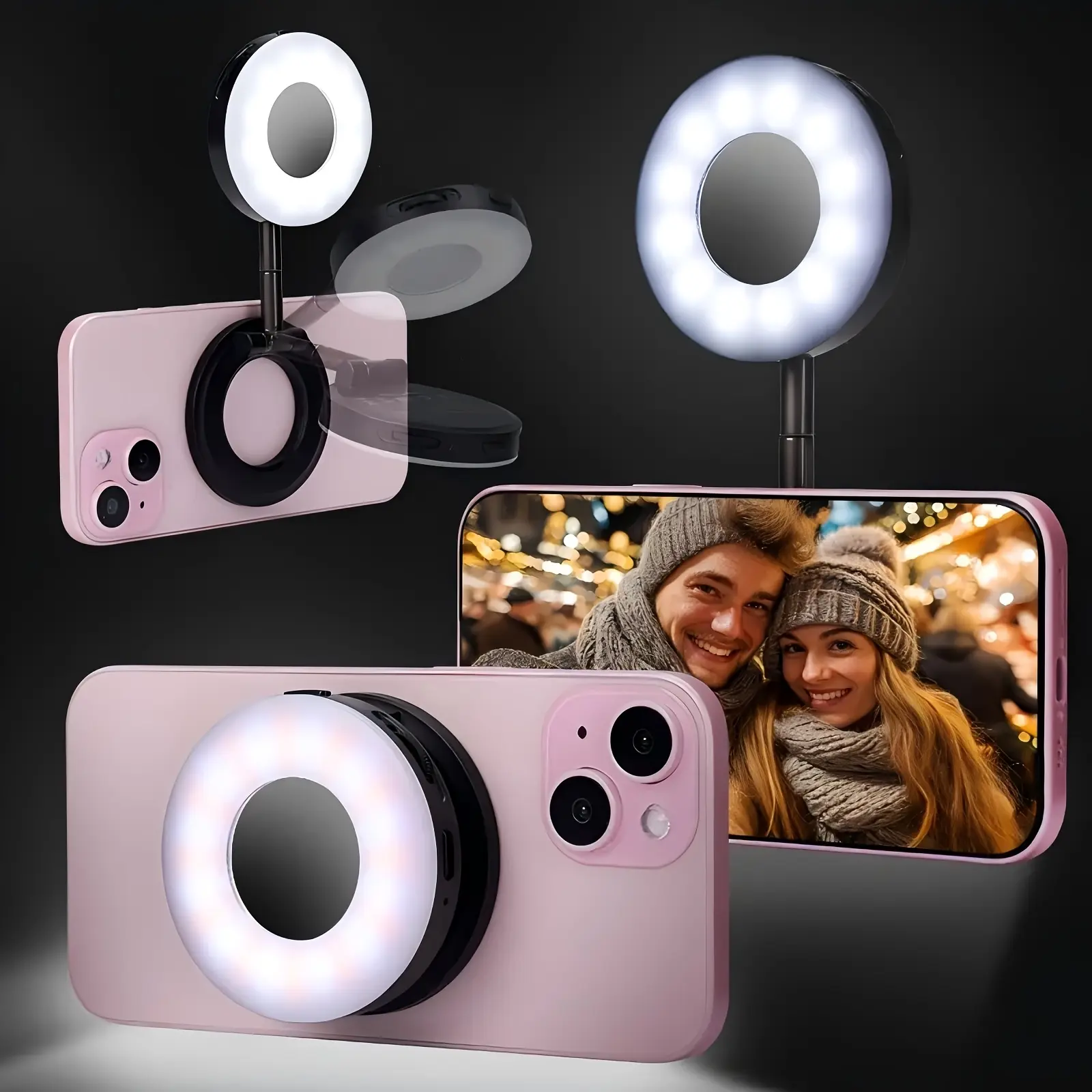 [LED Selfie Ring Light] Magnetic Selfie Light, iPhone MagSafe-Compatible Phone Light. 360 °   LED Selfie Ring Fill Light with Foldable Stand and Mirror, Suitable for Selfies/Photography/TikTok/Video Conferencing