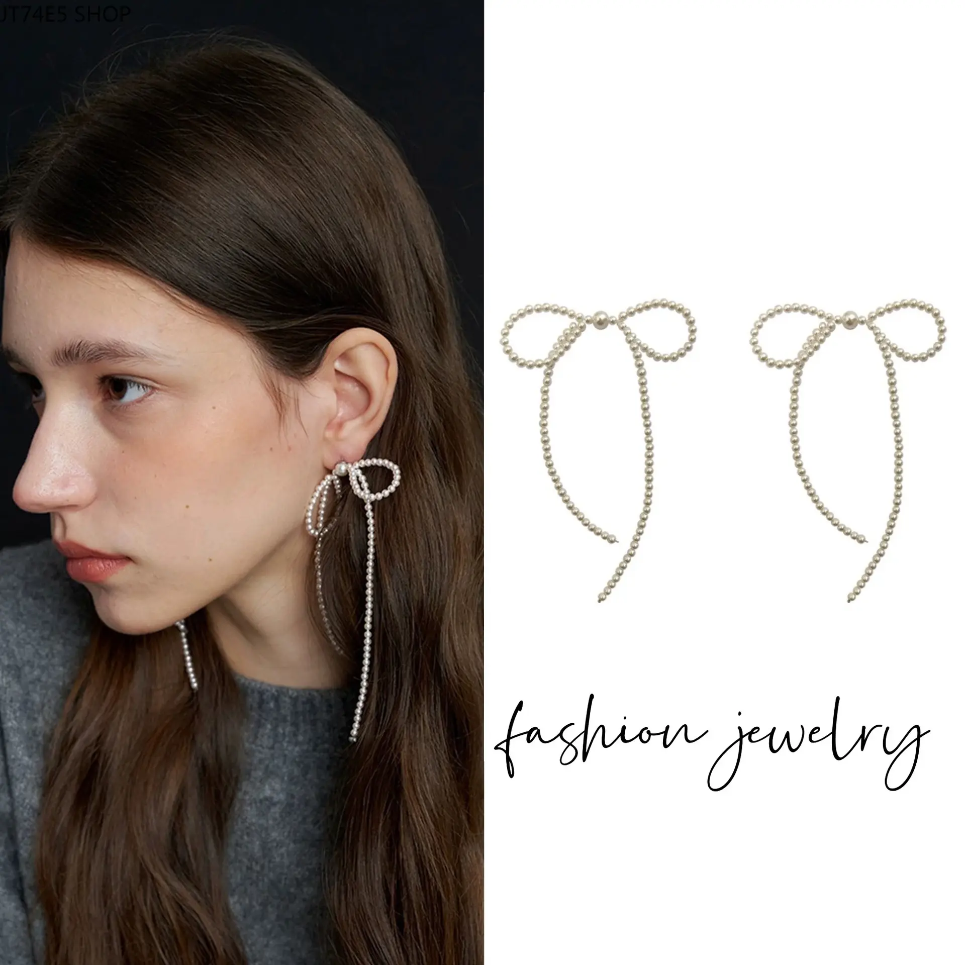 Elegant temperament Pearl bow stud earrings Long fringed earrings Women's versatile high-end beaded earrings Ear jewelry