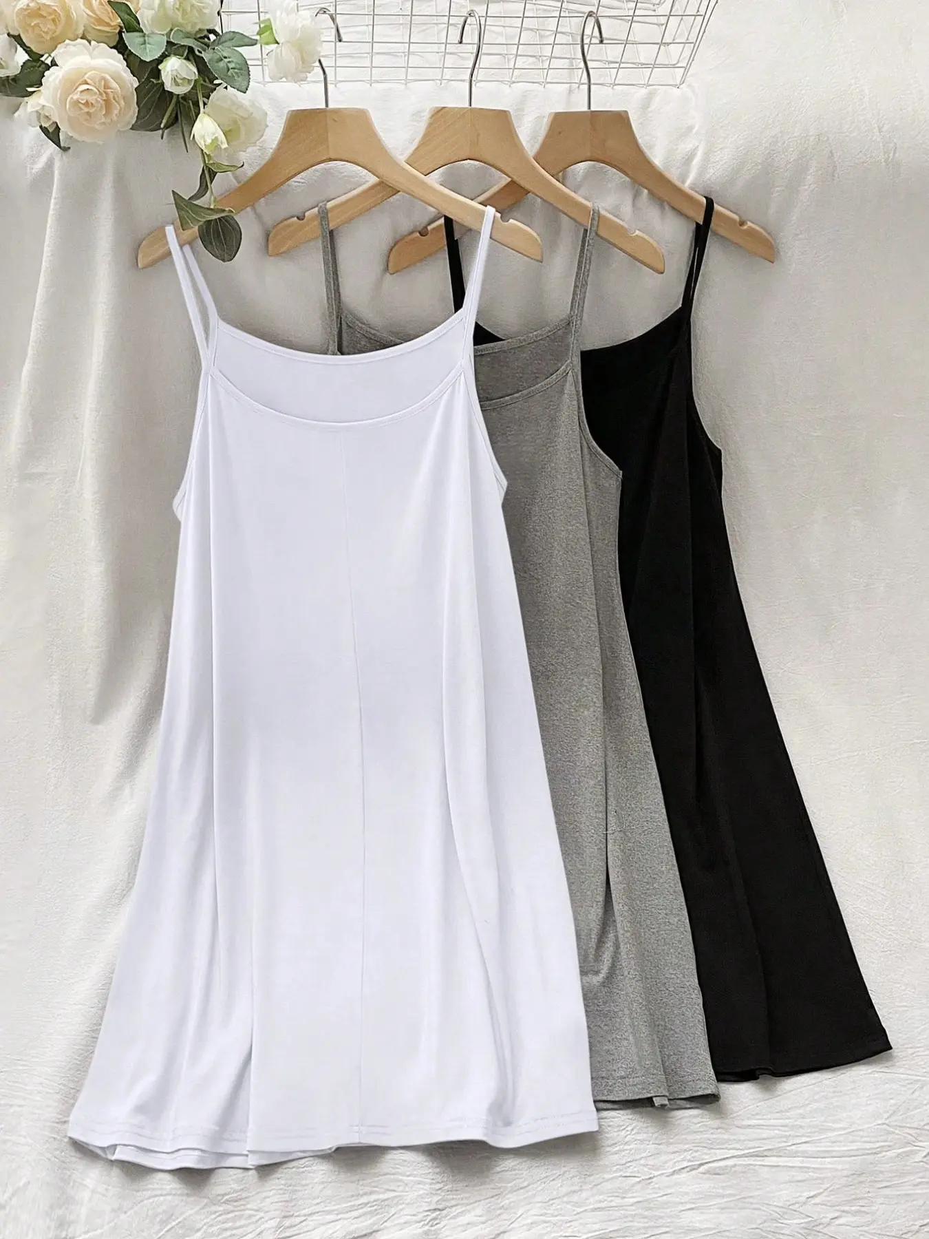 Three-Piece Set Long Strap Sleep Dress, Soft Breathable High Stretch, Loose Fit Home Wear, Ideal for Teens & Moms