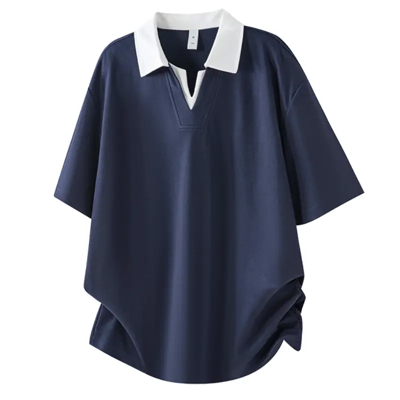 Summer New Launch Contrast Spliced Collar Buttonless V Notch Placket Five Quarter Sleeve Polo Top Minimal Plain Surface Without Extra Ornament Curved Hem Daily Commute Holiday Outing Party Versatile Trend Tee