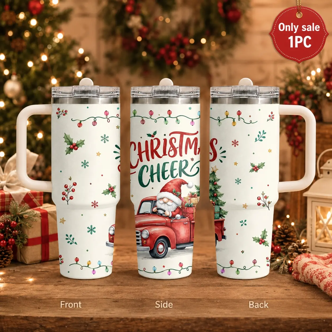 Christmas Santa Claus Red Truck Vacuum Flasks 40oz 3rd Gen Vacuum Insulated Tumbler with Handle & Straw Lid, Leak-Proof Stainless Steel Travel Mug for Water, Coffee, Gym, Office, Car Cup Holder