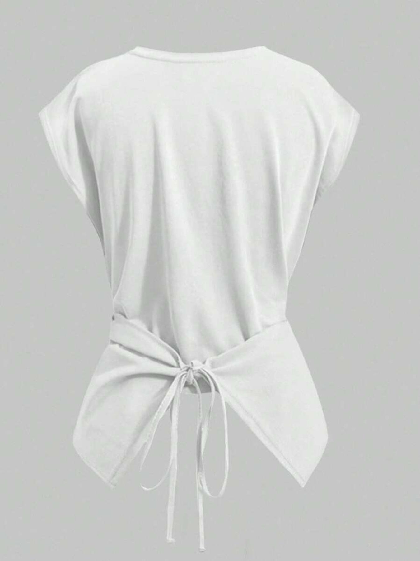 Women's Knitted Round Neck Drop Shoulder Sleeve T-Shirt Fit, Fashion Casual Chic Asymmetrical Criss Cross Back Tie Top, Spring & Fall Wear Women's Knitted Round Neck Drop Shoulder Sleeve T-Shirt Fit, Fashion Casual Chic Asymmetrical Criss Cross Back Tie Top, Spring & Fall Wear