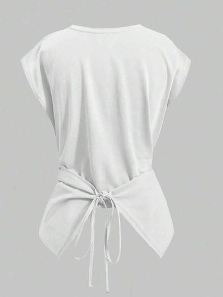 Women's Knitted Round Neck Drop Shoulder Sleeve T-Shirt, Fashion Casual Asymmetrical Criss Cross Back Tie Top, Spring & Fall Wear Women's Knitted Round Neck Drop Shoulder Sleeve T-Shirt, Fashion Casual Asymmetrical Criss Cross Back Tie Top, Spring & Fall Wear