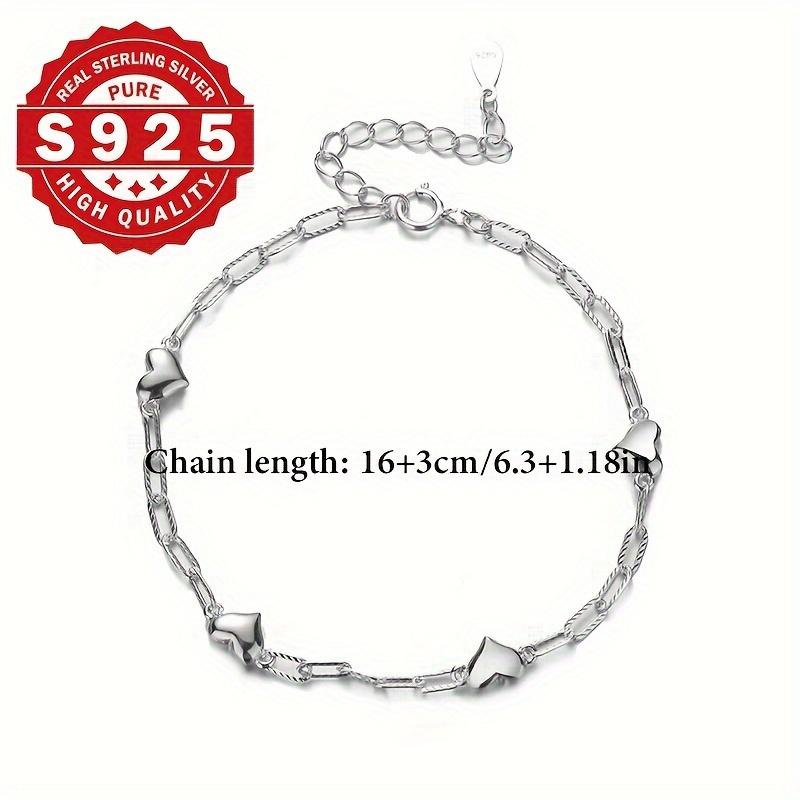 Sterling Silver 925 Bracelet For Women, 3D Heart Link Chain, Figaro Clasp, Elegant & Cute Style, Simple & Delicate Jewelry