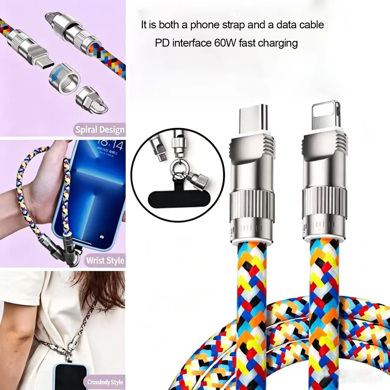 NEW PD 60W 2-in-1 Anti-Loss Phone Lanyard Data Cable Cord, 0.3m Handheld, 1.2m Crossbody Phone Lanyard and Charging Cable, Type-C to Lightning Data Cable Portable Phone Lanyard, Compatible with iPhone 14/13/12/11/Pro Max/XR/XS/X/8/7/6 Plus/SE
