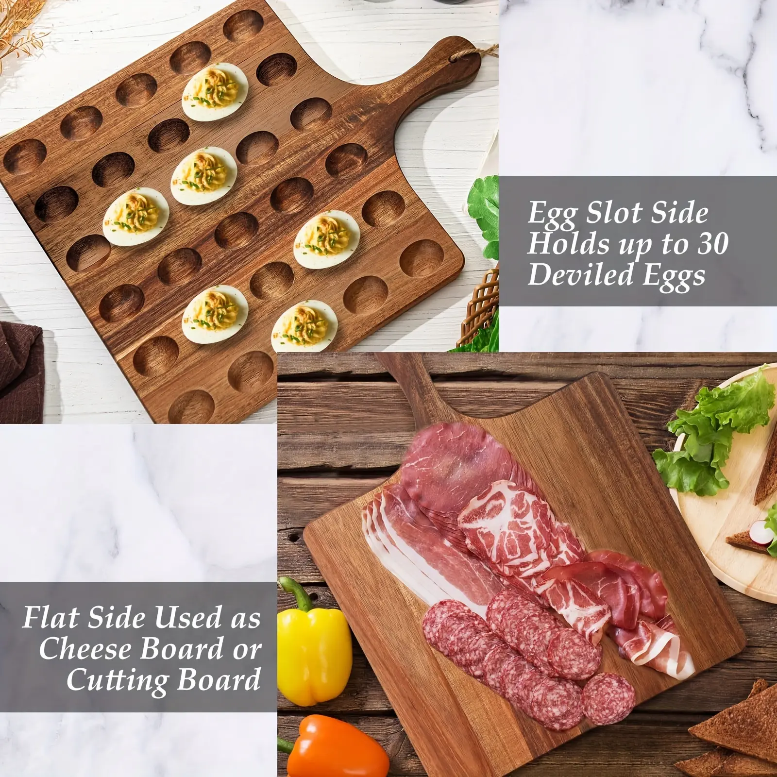 Double-Sided Wooden Egg Tray with Handle - Devil Egg Container Rack, Cooked Food Board, Cutting Board, Kitchen Organizer Accessory, Food Plate for Home, Restaurant Use