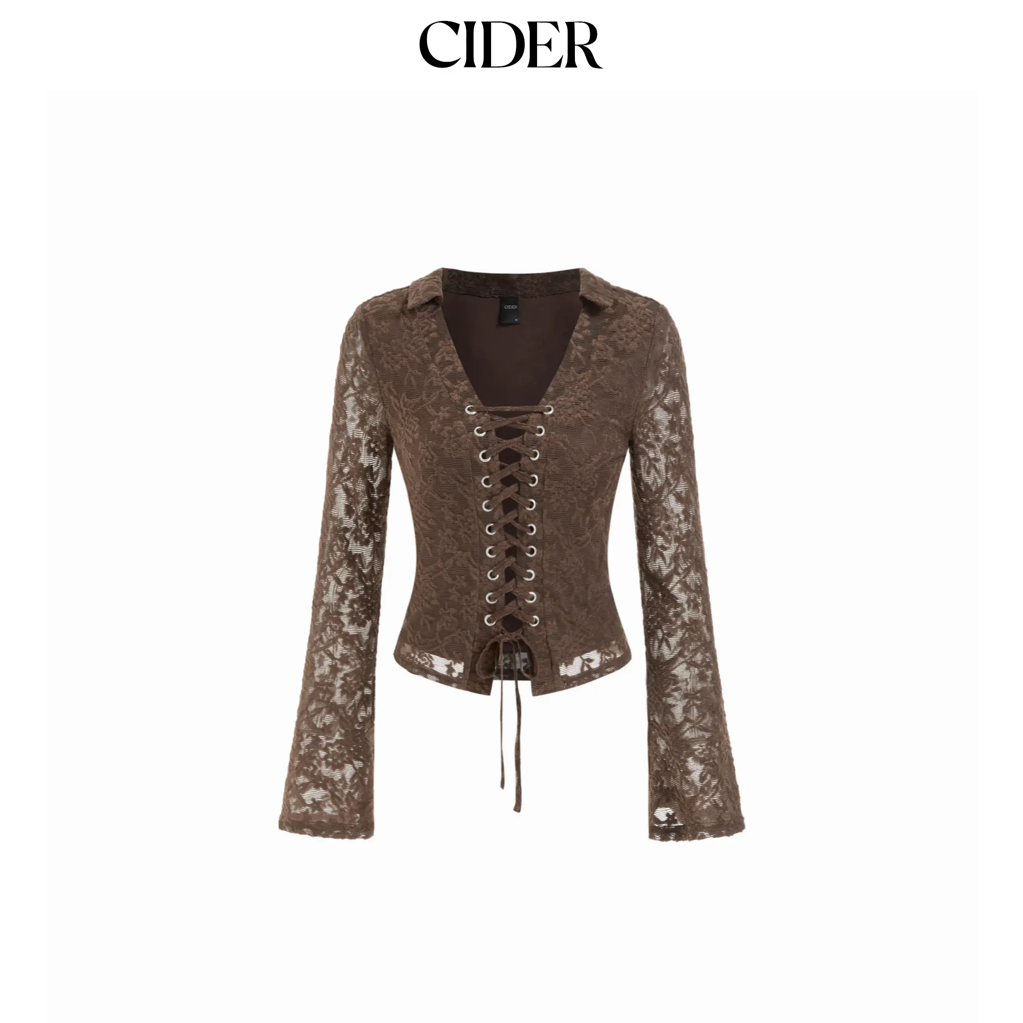 Cider Lace V-neck Lace Up Long Sleeve Top With Scarf SummerFinds