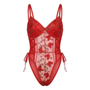 Romantic Valentine Red Butterfly Embroidery Mesh Bodysuit Deep V Adjustable Thin Straps & Side Lace Up Large U Back Soft Breathable Mesh Intimates Perfect Anniversary & Holiday Gift For Her supportive lingerie