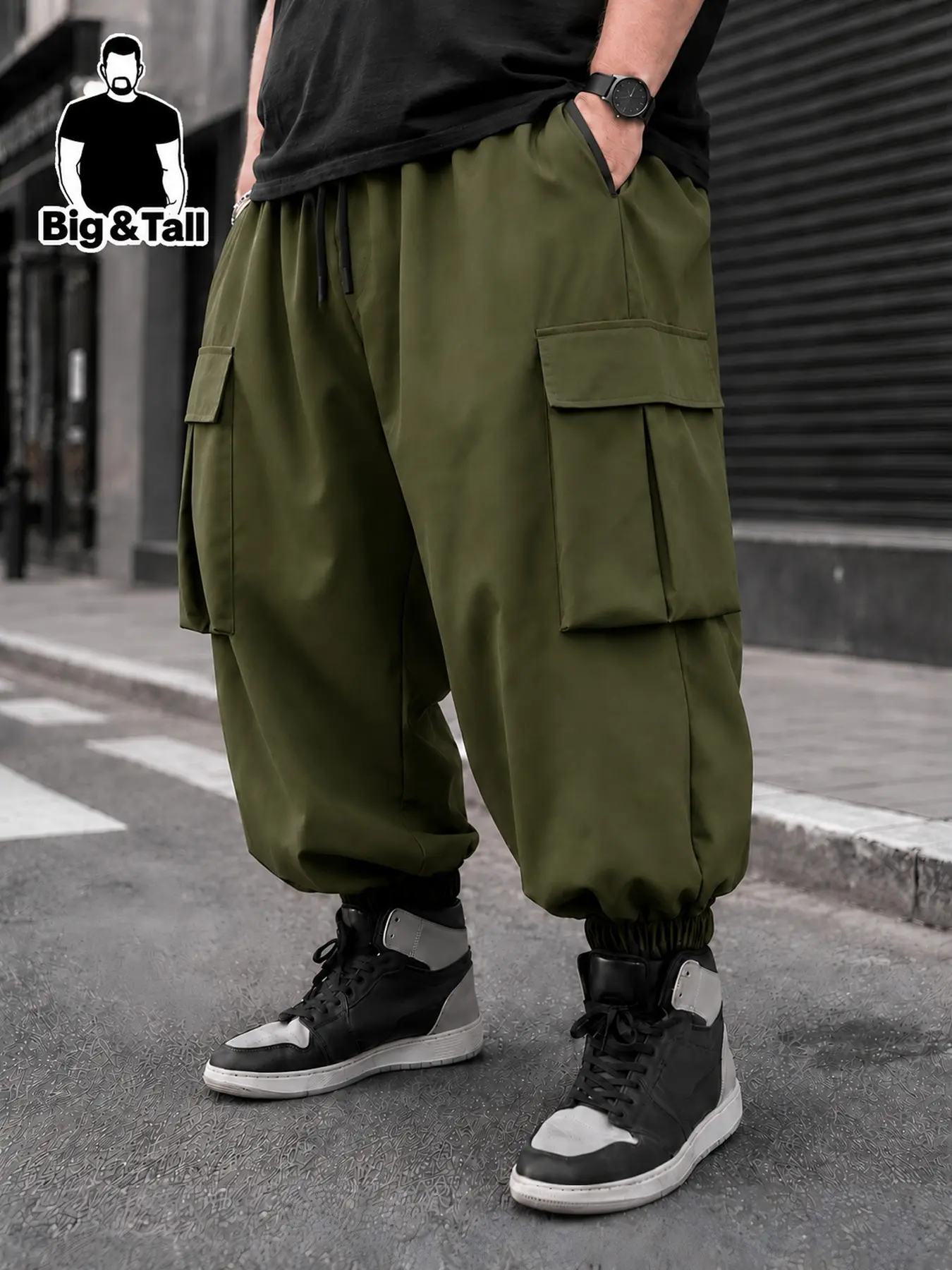 Men's Plus Size Trendy Multi-Pocket Work Pants, Wide Leg Design, Smooth Polyester Fabric, Loose Fit, Adjustable Waist, Casual All-Season Long Pants