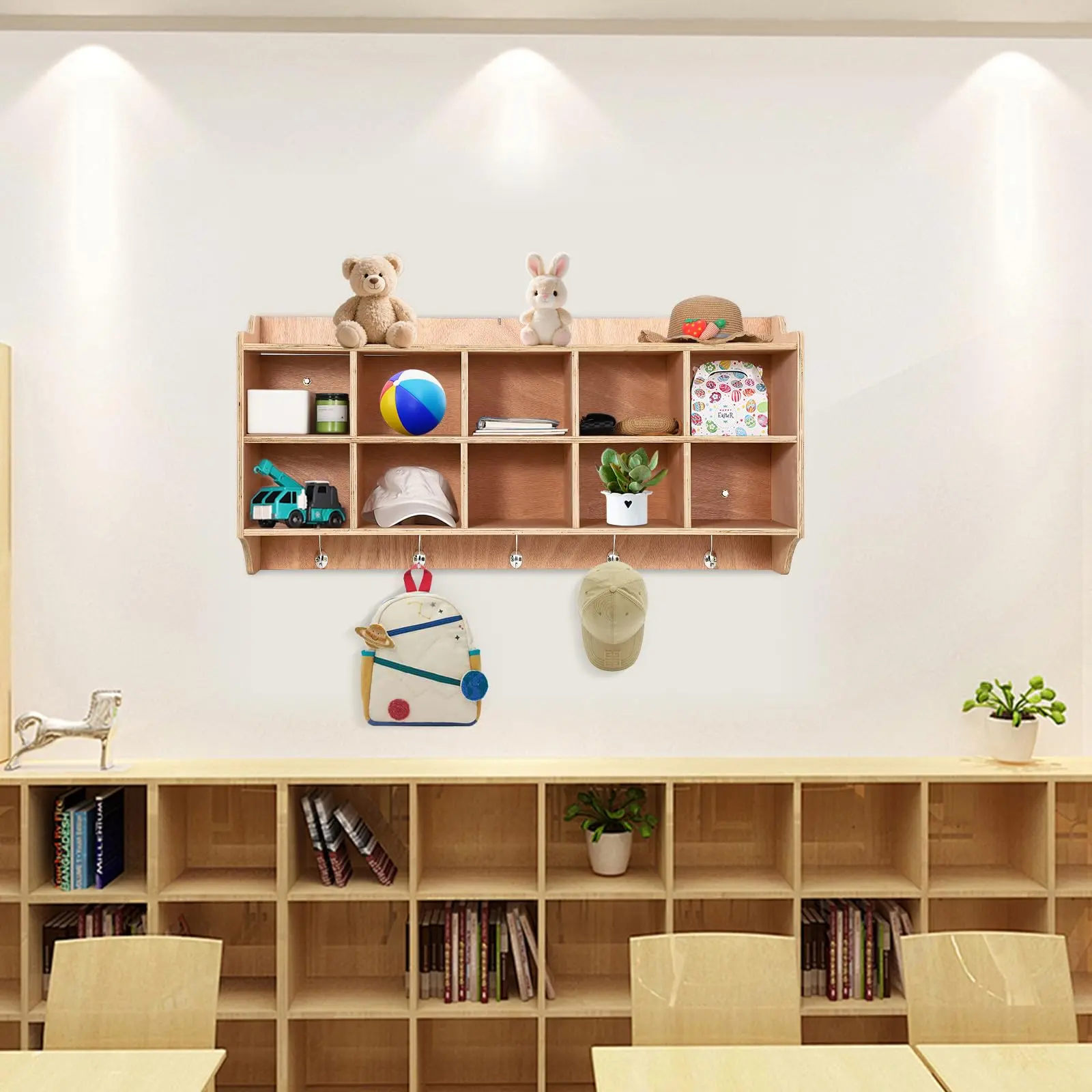 Wall-Mounted Cubby Storage Unit with 10 Cubbies, Hooks, Shelves - Durable School & Educational Furniture for Toys in Daycares/Kids Learning Spaces