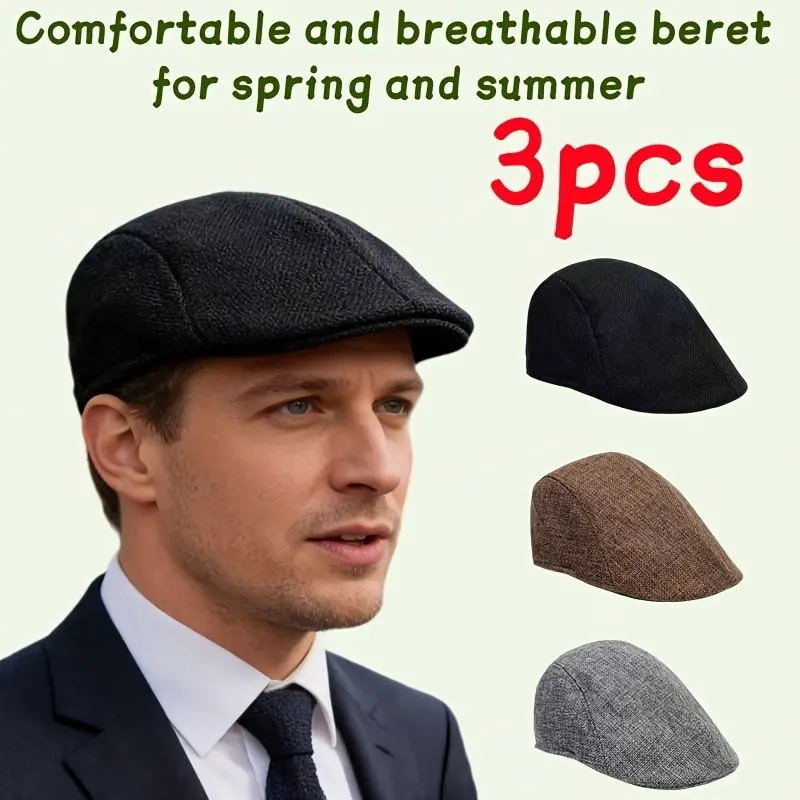 3pcs Spring Summer Breathable Beret Hats, Solid Color Newsboy Caps, Casual Outdoor Forward Hat, Trendy Accessory for Men & Women, Casual Headwear