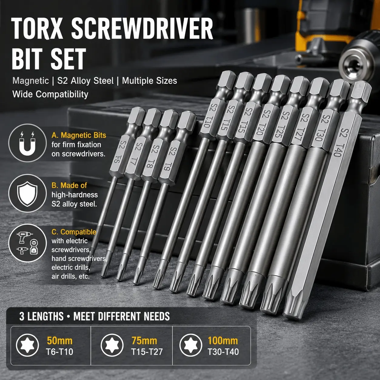Professional Anti-Slip Screwdriver Bit Set with 1/4 Inch Hex Shank, Phillips & Slotted, 50mm 75mm 100mm Extensions. Durable, Rust-Resistant Tools for Appliance Repair, Auto Maintenance, Machinery. Ideal 11-in-1 / 12-in-1 Power Tool Accessories.