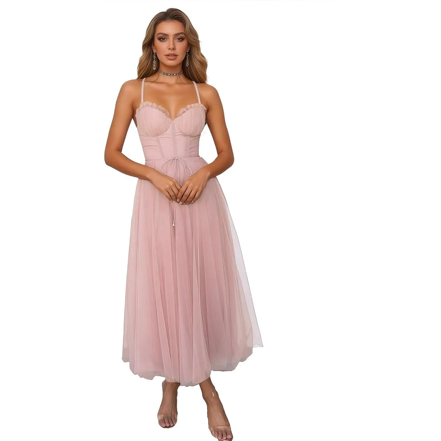 Womens Sweetheart Neck Belted A-line Mesh Midi Dress Spaghetti Strap Backless Tulle Prom Party Dress