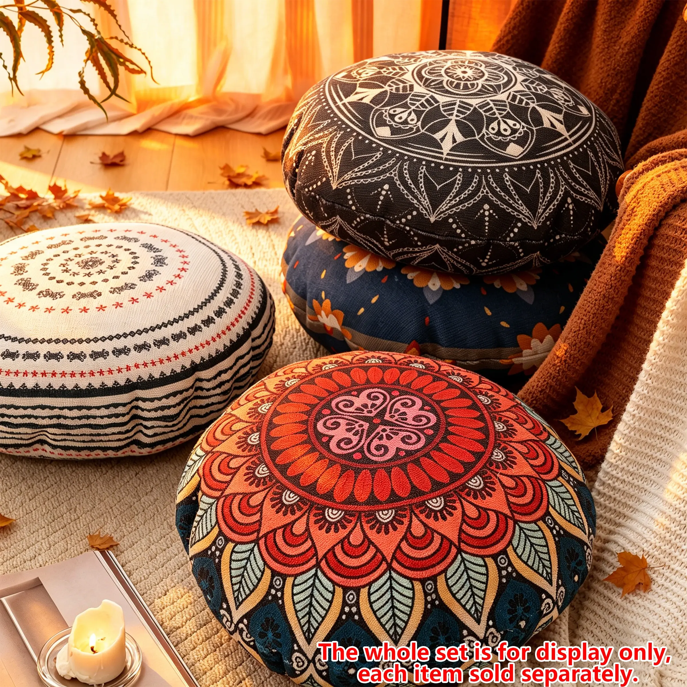 Bohemian Round Soft Floor Cushion, Ethnic Print Design, High Elastic Core, Breathable, Pet Friendly, Indoor Use