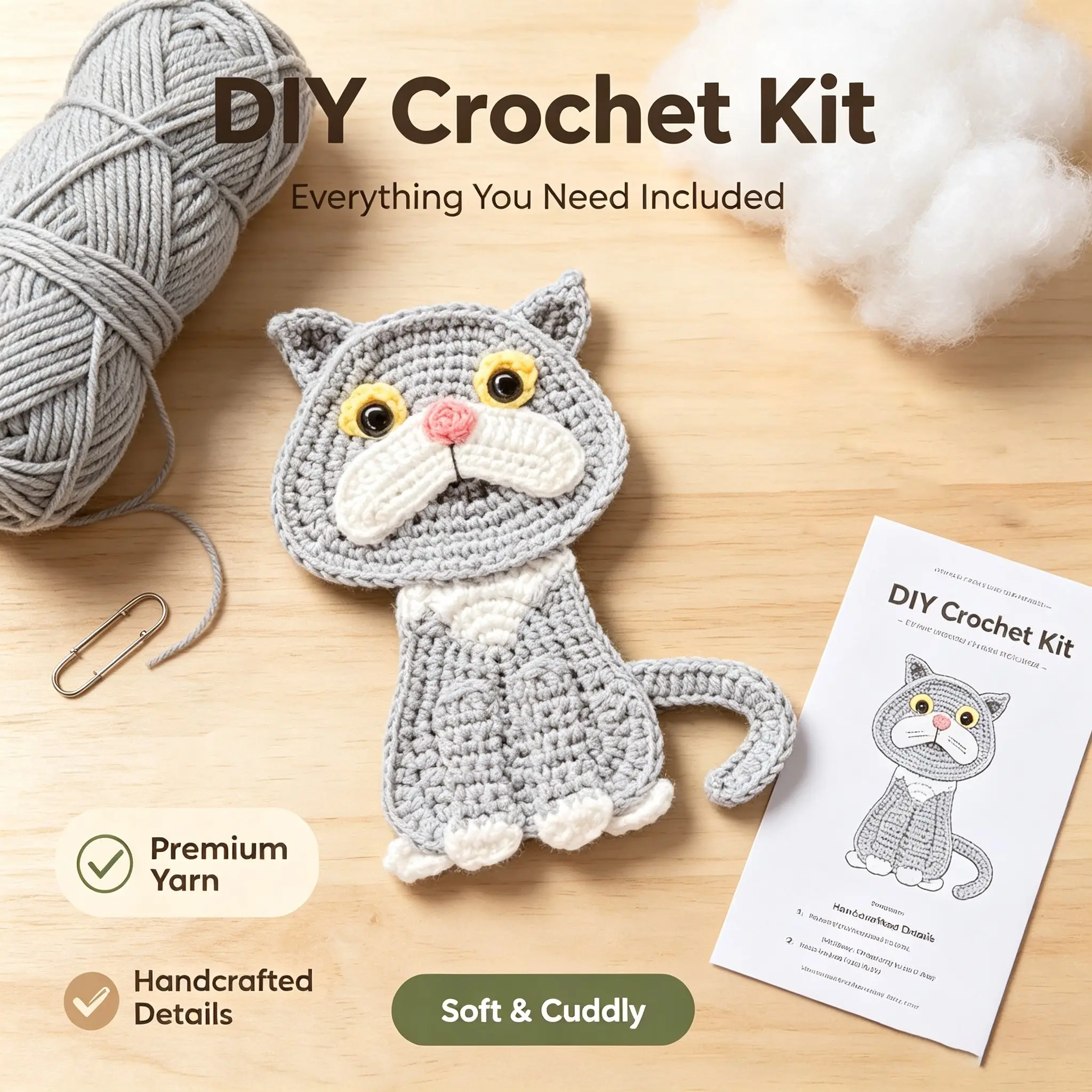 Cute Cat Animal Sticker Crochet Kit for Beginners, Adult Crochet Set with Pdf Tutorial, DIY Craft Supplies, Perfect Gift for Holidays
