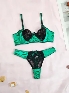 Women's Lingerie Set, Lace Spliced Smooth Satin Stretch Underwear with Underwire, Suitable for Private Parties & Valentine's Gifts bras bra and sheer blouse balconette baddie curvy