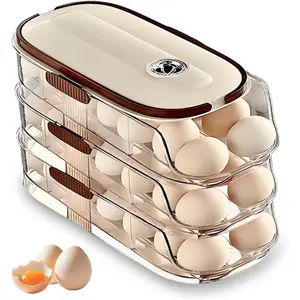 3-Tier Household Egg Dispenser, Fridge Storage Organizer with Lid/Handle, Automatic Rolling 42-Egg Holder, Stackable Space-Saving Timed Freshness Tracker