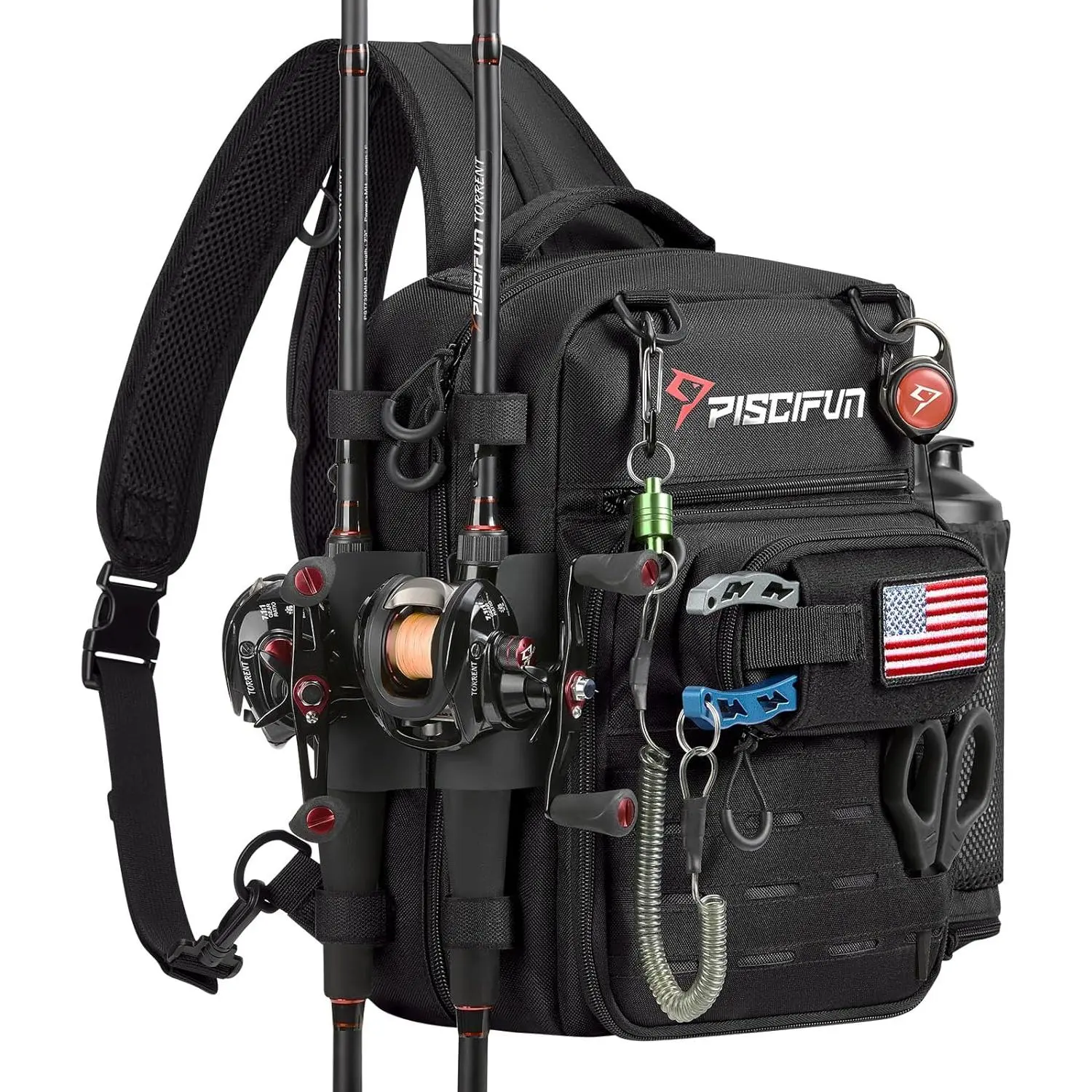 Fishing Tackle Backpack, 3-Way Carry with Rod Holders | 16  pockets, 2 rod holders, Rain cover, Breathable  support, Convertible sling//backpack carry