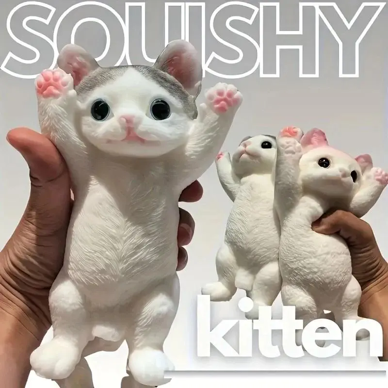1Pc Unisex Kitten Shape Squishy Cute Cat Squeeze Toy, Soft Pinch Pop Fidget Stress Relief Toy for Kids, Desktop Office Decor, Holiday Gift