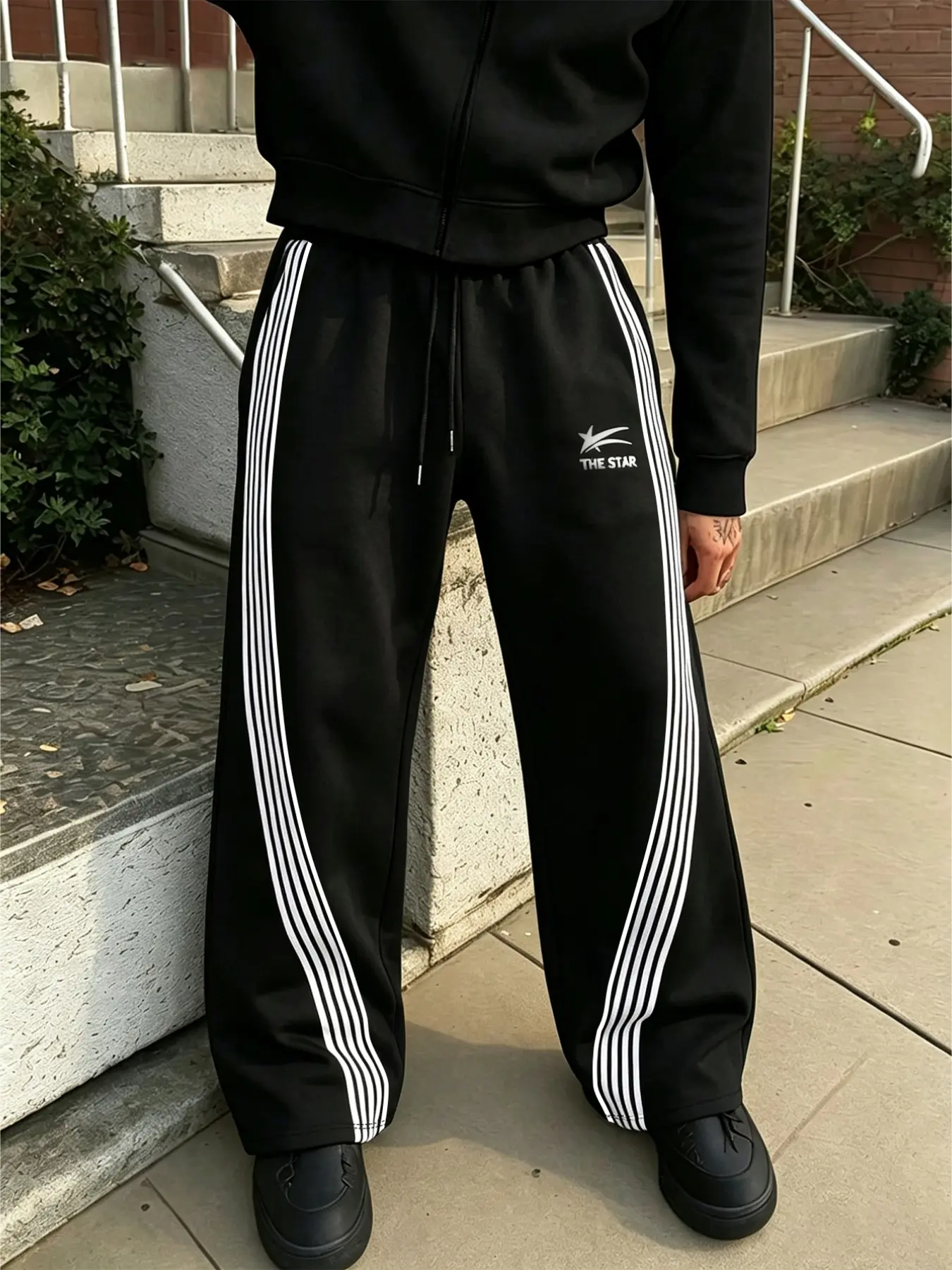 Men's American Style Sideways Five Stripe Wide Leg Sweatpants, Star Print, Loose Fit, Street Style, Fall & Winter, Sporty Long Pants