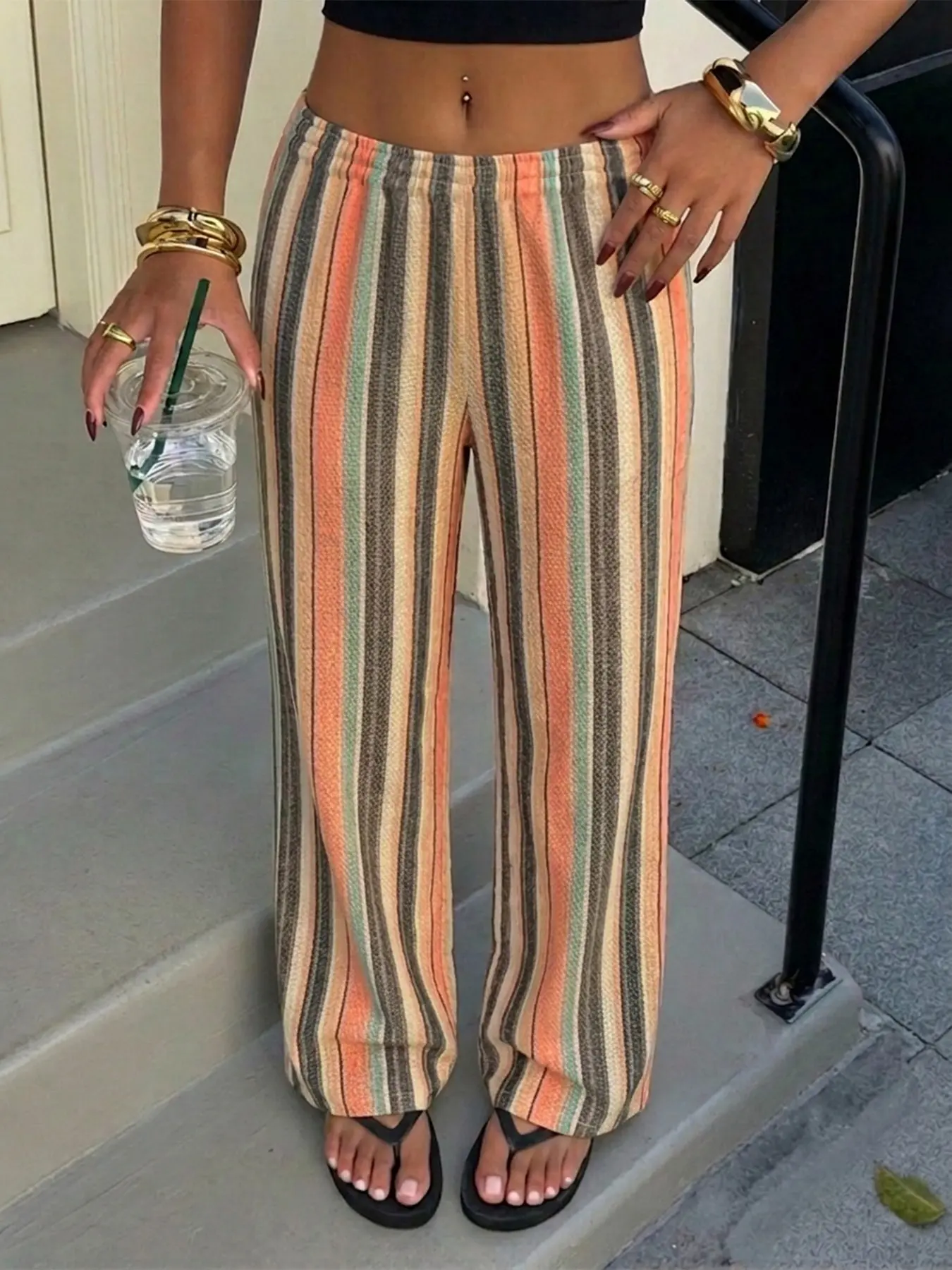 Women's Colorful Striped Wrinkle Wide Leg Pajama Pants, Summer Thin High Waist Elastic Loose Fit, Breathable Casual Home Wear Long Trousers