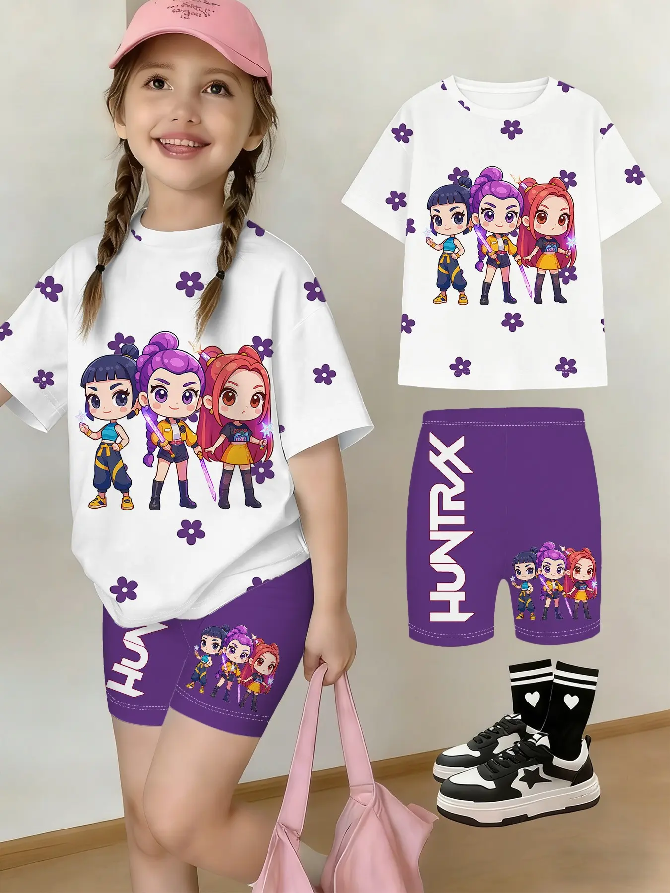 Girls' Summer T-Shirt and Shorts Set, Floral All over Print, Casual Streetwear, Perfect Gift for Kids, Outdoor Friendly, Summer Clothes Set