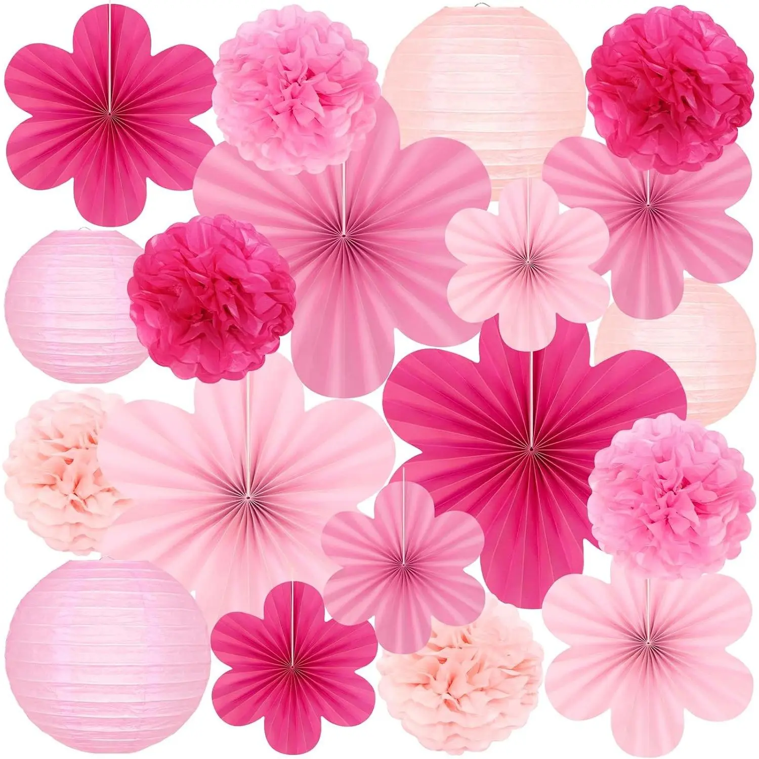 19 Pcs Pink Party Decorations, Light-Hot Pink Hanging Paper Lanterns, Paper Flower Fans, Tissue Pom Poms, Floral Backdrop Wall Decor for Birthday Baby Shower Bridal Wedding Valentine's Day Classroom
