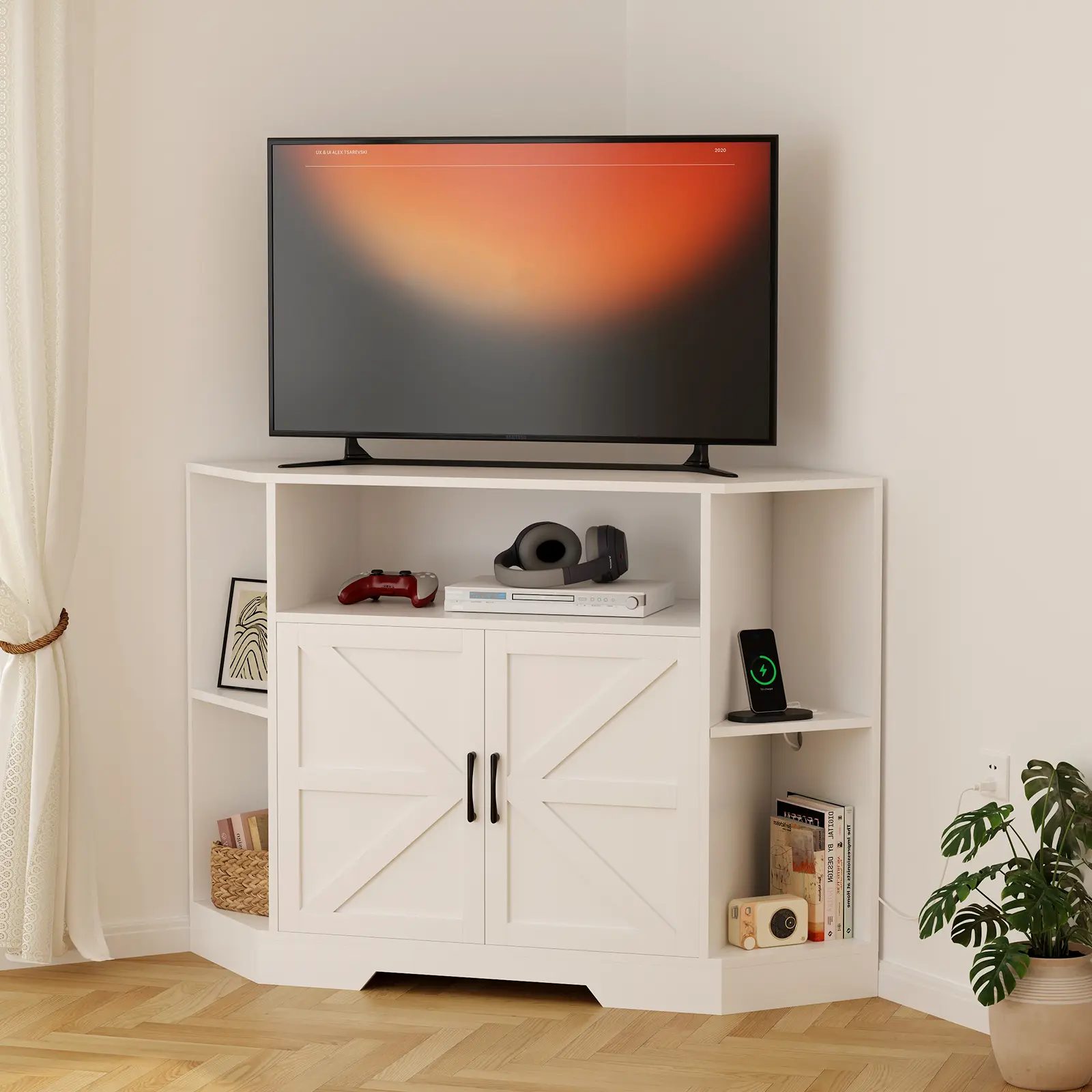 Farmhouse Corner TV Stand for TVs up to 55", Entertainment Center with Power Outlet, Storage Cabinets, Barn Doors, Open Shelves, Ideal for Living Room or Bedroom