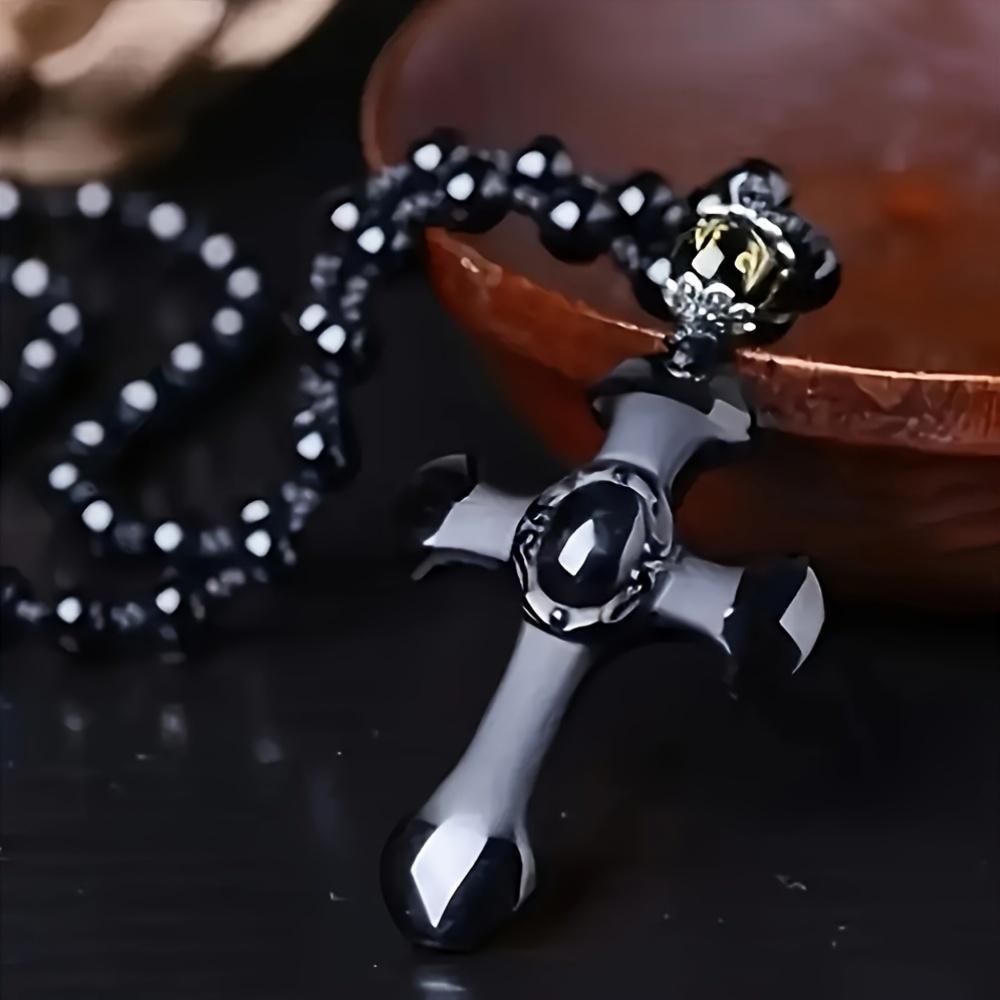 Gothic Cross Obsidian Necklace - Black Protective Amulet & Spiritual Faith Jewelry - Vintage Beaded Chain Pendant for Men & Women - Cool Streetwear Accessory for Daily Wear charming