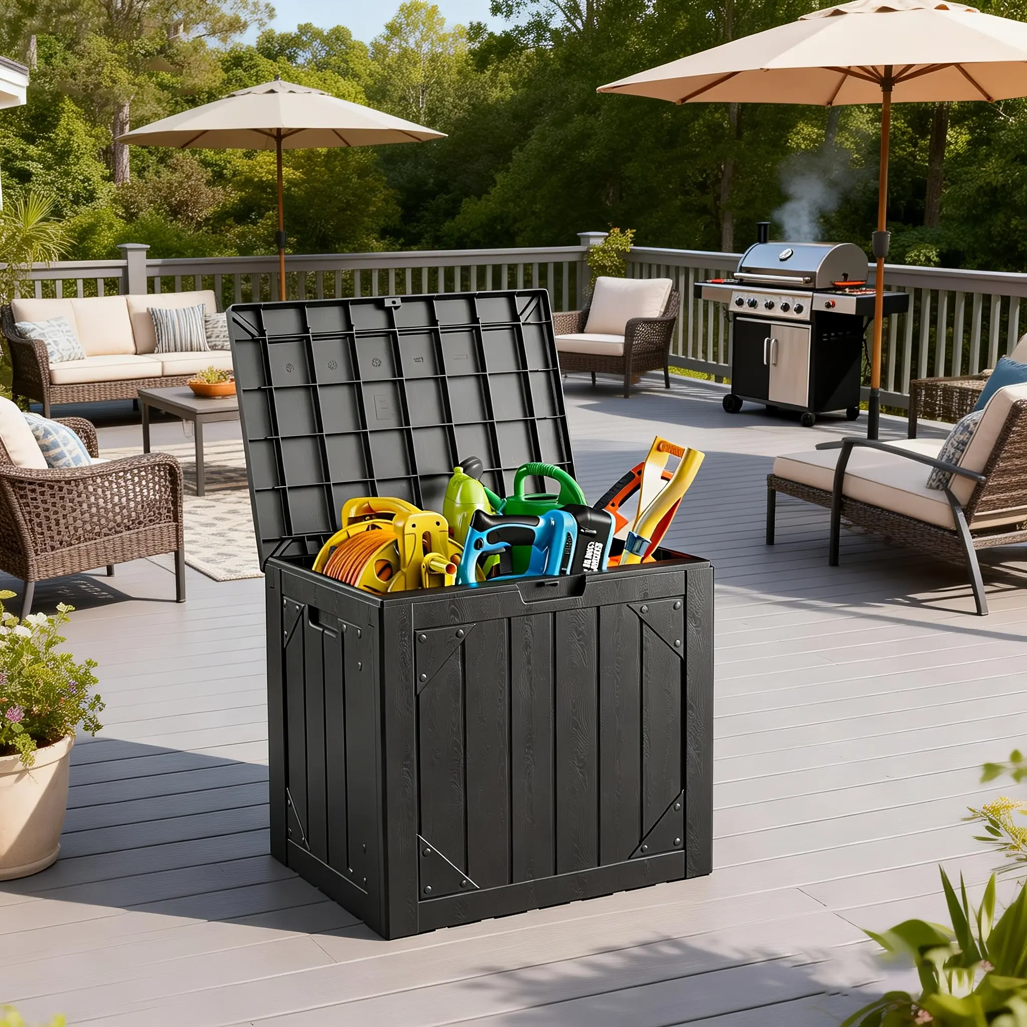 [Large Storage Box] 30/100 Gallon Multifunctional Plastic Large Storage Box With Slow-Closing Hydraulic Rod - Waterproof, Lockable Stores Garden Tools, Pool Gear Deck Boxes, Outdoor Storage Bench And Fade-Proof For Yard, Patio, Box, Cabinet, Rack For