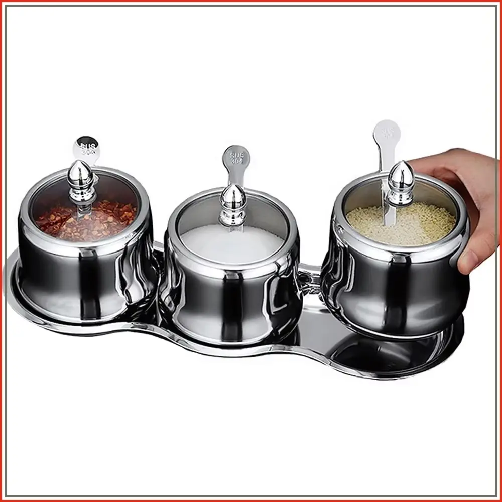 18/8 Stainless Steel Kitchen Utensils Airtight Seasoning Canister Set - 4 Jars with Glass Lids, 3 Serving Spoons, Spice Rack for Salt, Pepper, Sugar Storage