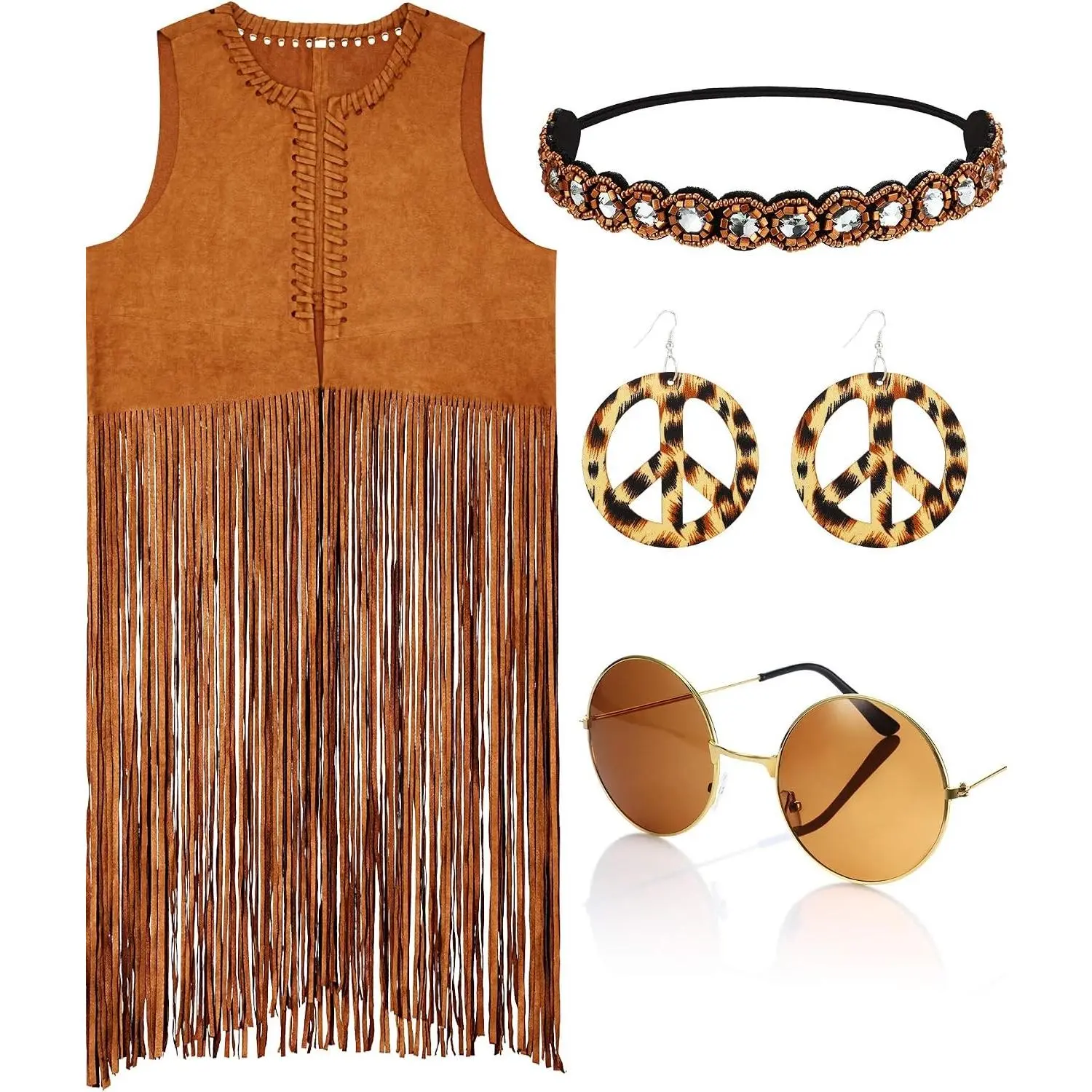 60s 70s Women Hippie Costume Disco Outfits Fringe Vest Faux Suede Tassel Vest