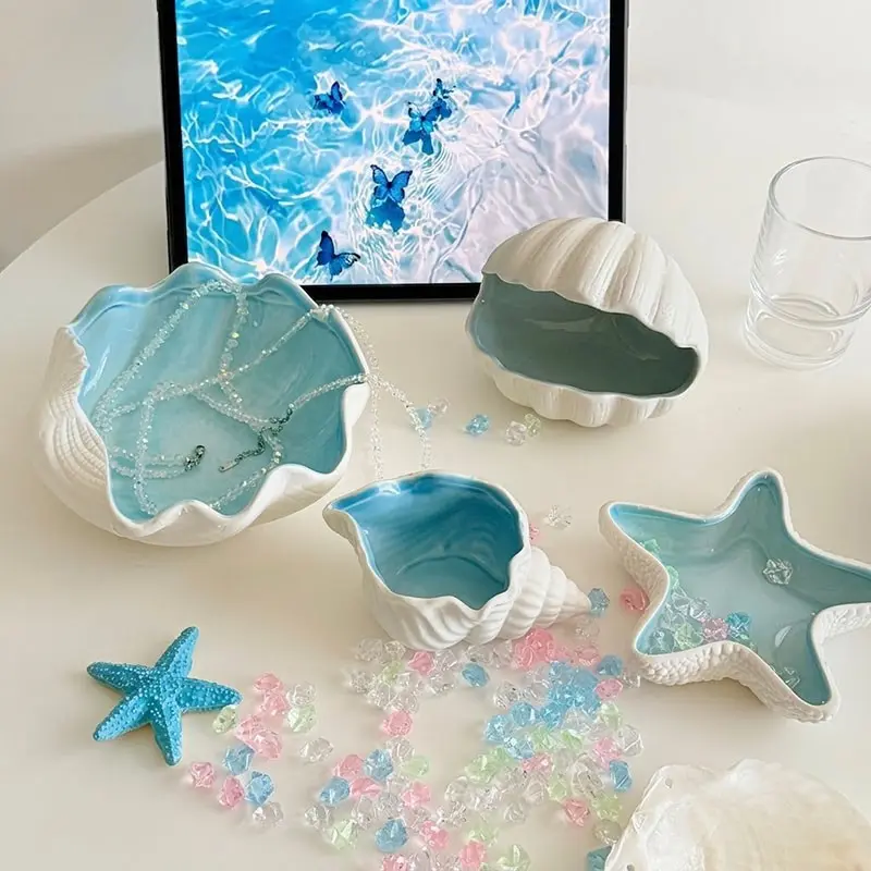 Ceramic Seashell Starfish Conch Clam Tray, Creative Storage Bowl Organiser for Jewelry, Home Decoration, Candy Container, Jewelry Trays