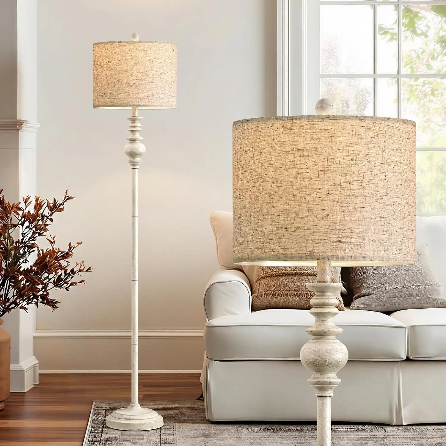 64.25" Farmhouse Floor Lamp for Living Room, Tall Antique White Standing Lamp with Rotary Switch, Vintage Reading Lamp for Bedroom & Nursery, Rustic Home Decor Corner Lamp