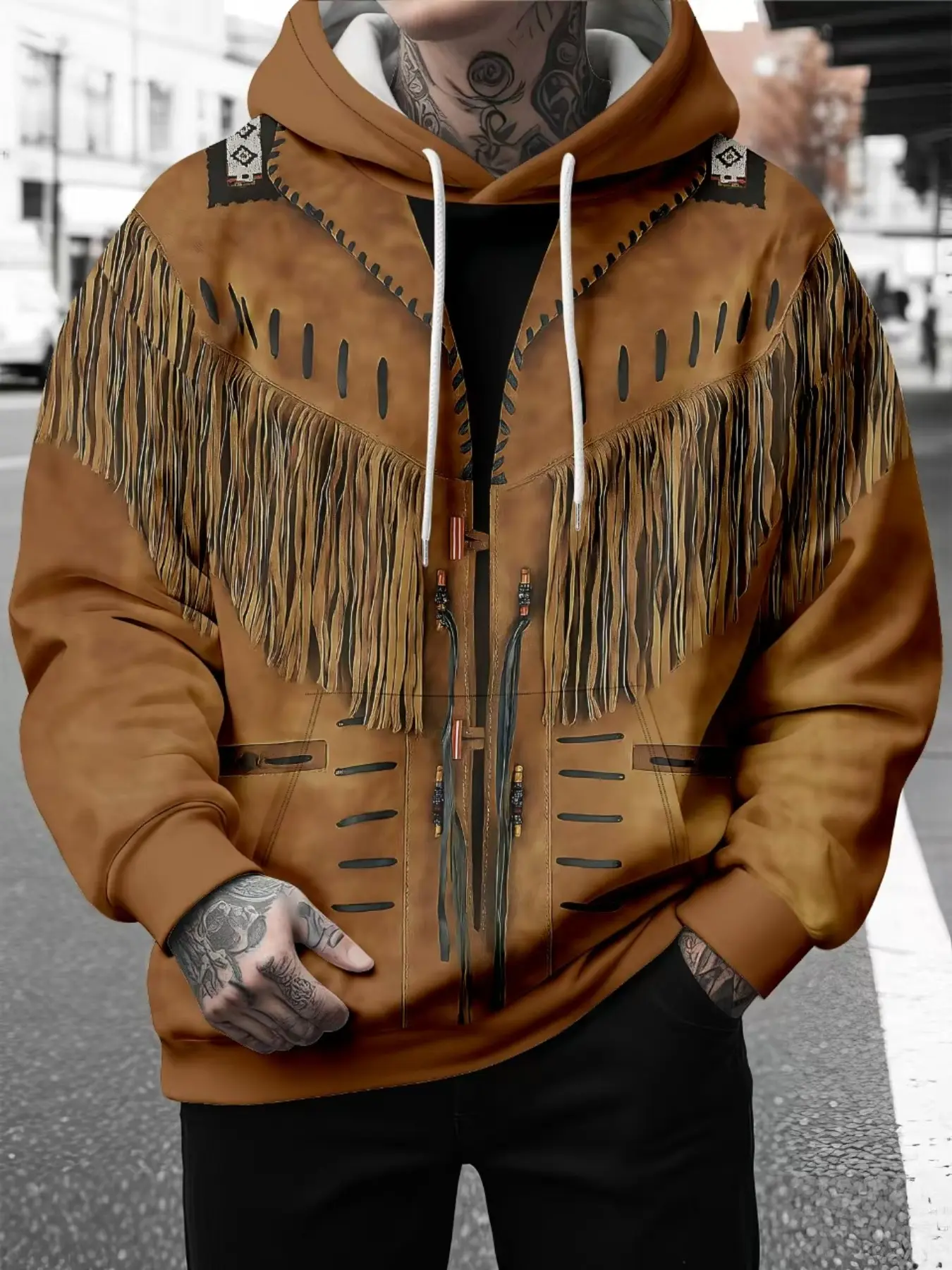 Men Western Cowboy Fringe Faux Leather   Print Drawstring Hoodie, Vintage Ethnic Geometric Pattern Long Sleeve Pullover Sweatshirt For Street Casual Daily Wear