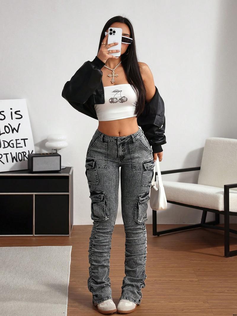 jeans style street folding pockets flap women's ICON SHEIN