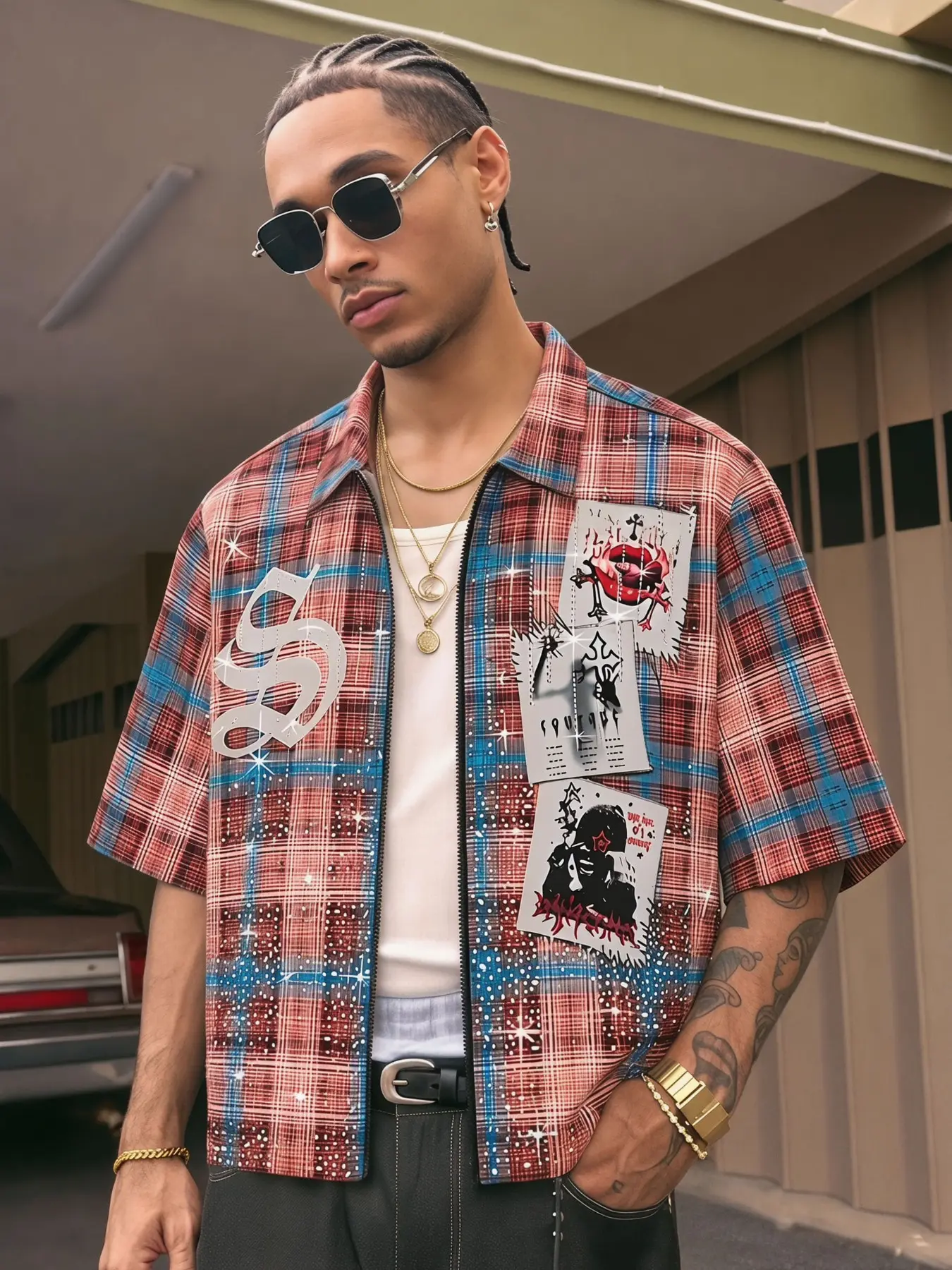 Men's Plaid Graphic Zip-Up Shirt Y2K Grunge Streetwear Rhinestone Casual Shirt