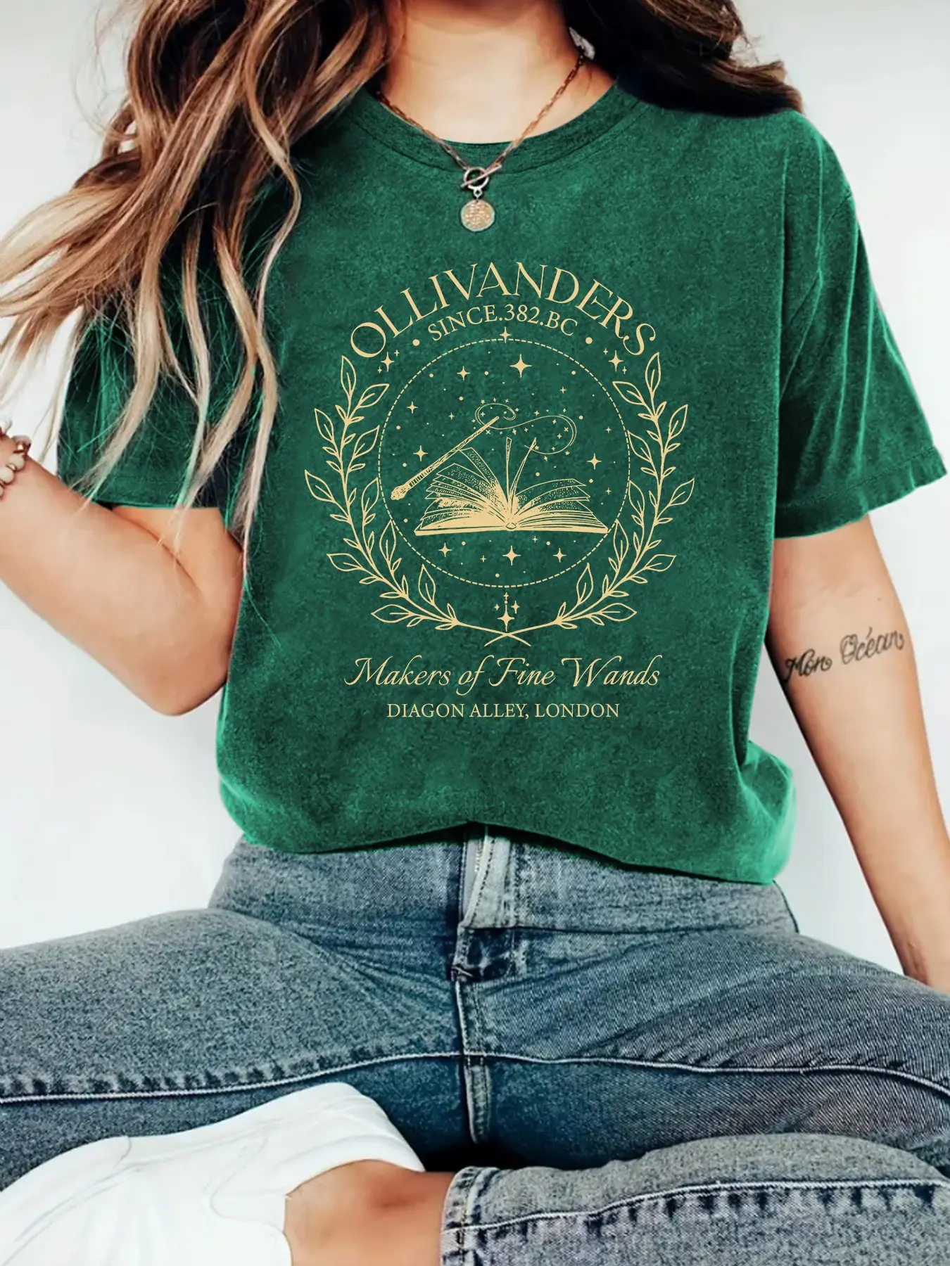 Women's Harry Potter Series Ollivanders Wand Shop Print Top, Short Sleeve Round Neck Casual Shirt, Stretchy All-Season Comfort, Casual Tee Shirts