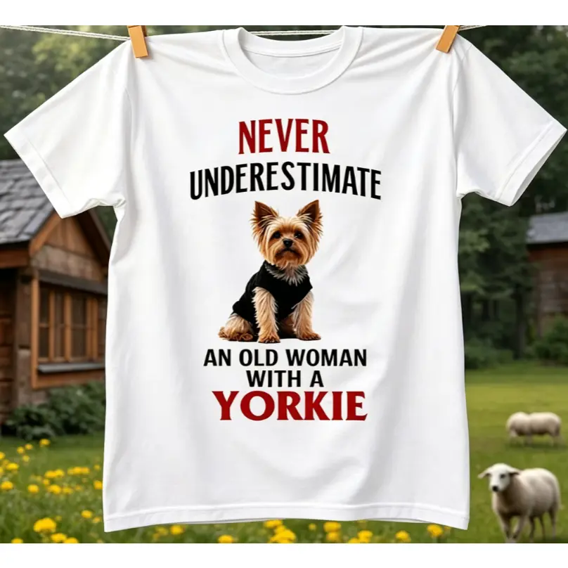 Never Underestimate a Yorkie Graphic Tee – Tee With Bold Printed Confident Yorkie Portrait Flanked by Powerful Text in Red & Black, Sassy Dog Owner Aesthetic, 100% Cotton, Perfect Gift For Yorkie Parents & Feisty Pet Lovers, Best Dog Park, Walk & Proud Pe
