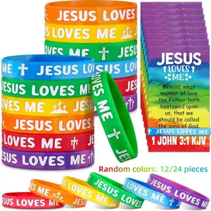 12/24pcs Jesus Loves Me Wristband, Rainbow Silicone Bracelets, Silicone Wristbands Gift, Party Favors for Men and Women