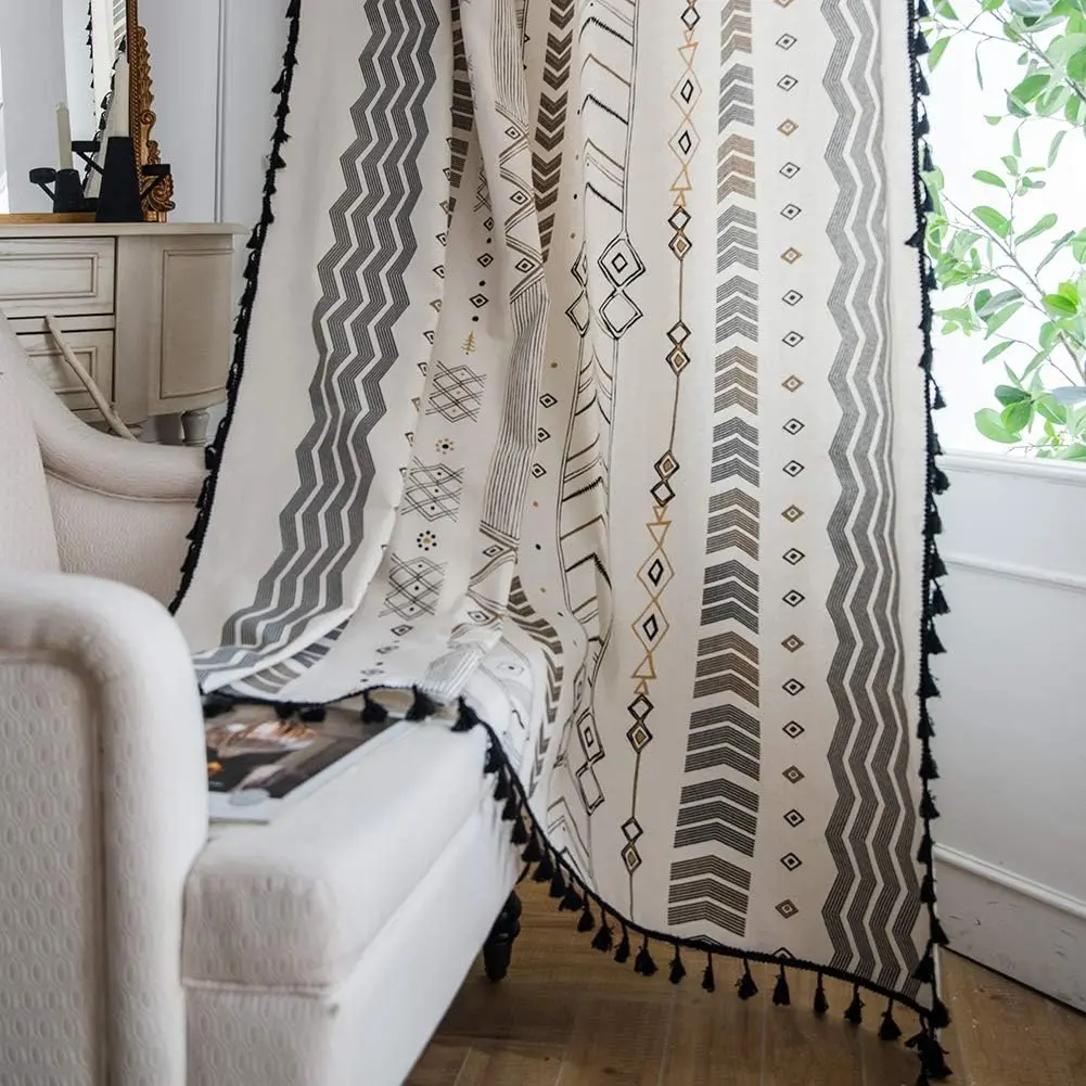 63 Inch Aztec Boho Curtains, 2 Panels Geometric Tribal Semi-Blackout Drapes with Black Tassels, Rod Pocket Window Treatment for Bedroom/Closet Decor, 63 Inch Curtains, Two Panels
