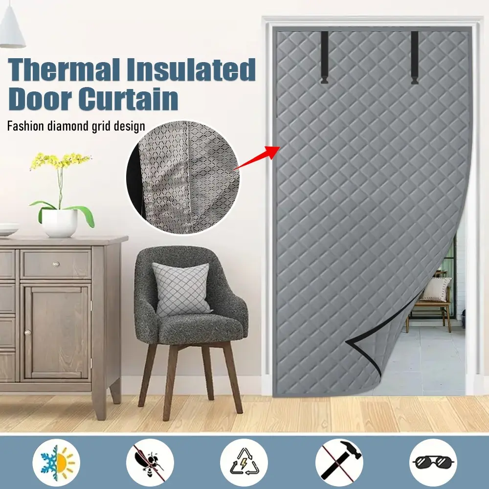 Insulated Door Curtain with Storage Clip, Winter Windproof Thermal Screen, Energy Saving, Fashionable Rhombus Pattern, Thickened Entry Door Cover
