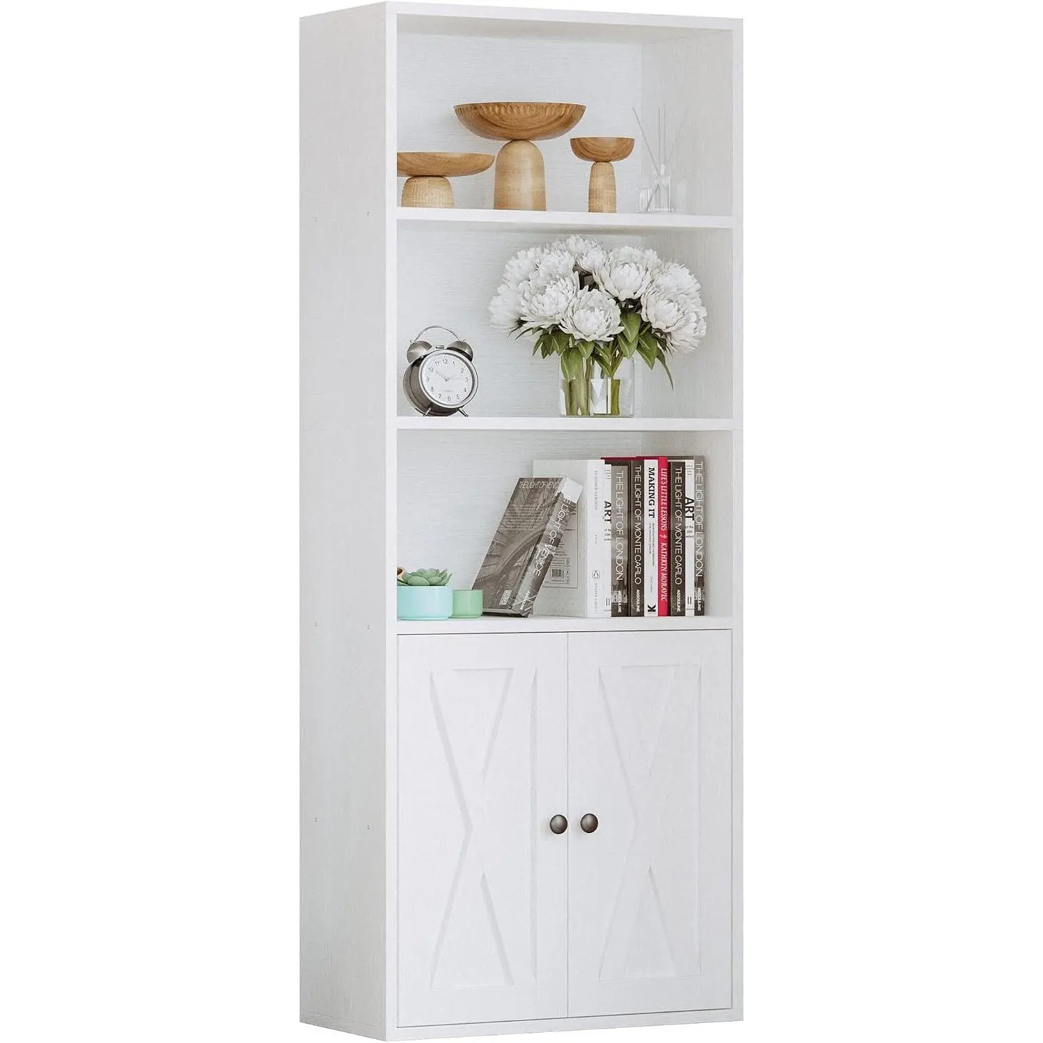 5-Tier Bookshelf, 11.8in Depth Bookcase with Doors Industrial Bookshelf with Storage,Floor Standing Display Storage Shelves for Home Office, Living Room, Industrial White