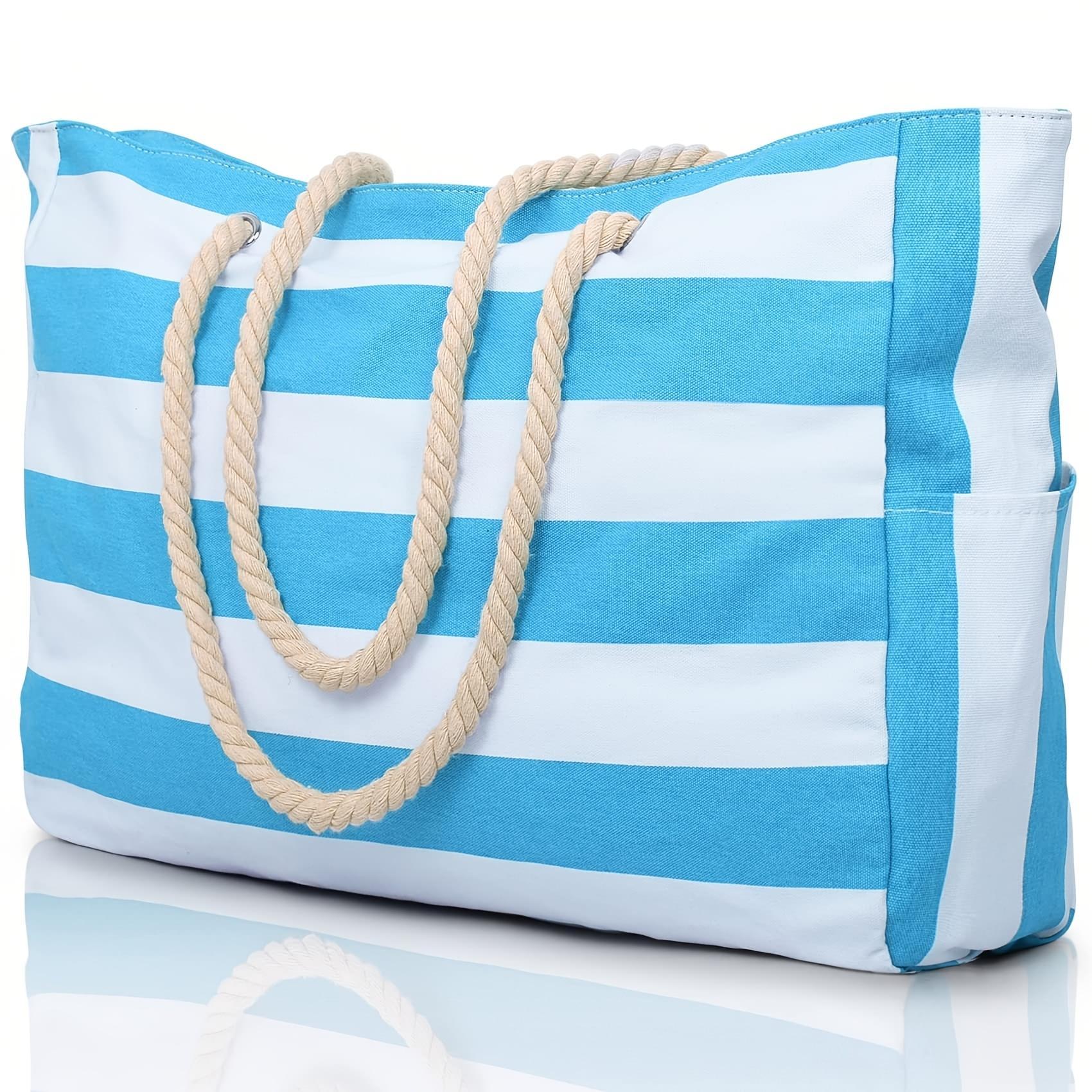 Women's Large Waterproof Beach Bag, Zipper-Closure Sandproof Swimming Pool Tote, Oversized Handheld Beach Bag for Summer, Striped Tote Bag