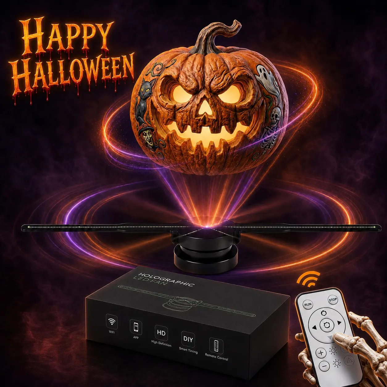3D Hologram Fan Projector, Dual-Blade LED Holographic Display, 42cm App-Controlled Programmable Advertising Light with Custom Video Upload for Halloween Parties, Stores, Bars, Events & Home Theater Decor