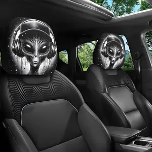 2pcs Trendy Gray and White Alien DJ Pattern  Headrest Covers,  Fit for Vehicle Interior Decorations, Perfectly Snug on Seats, Easy to Install. Suitable for Daily Commuting, Long Driving Trips or Short Outings in Various Scenarios, Effectively