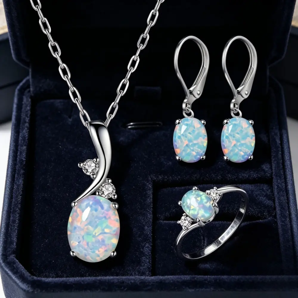 Waterdrop-shaped opal pendant necklace, earrings and ring set, elegant and fashionable jewelry, suitable for parties, daily wear and as a gift.