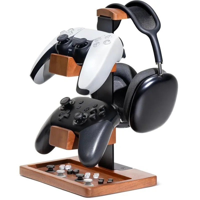 Iron Wood Earphone Holder, Headset, Game Controller Organizer, Multi-Functional Dual Layer Storage Rack, Gaming Room Essential, Space-Saving Design