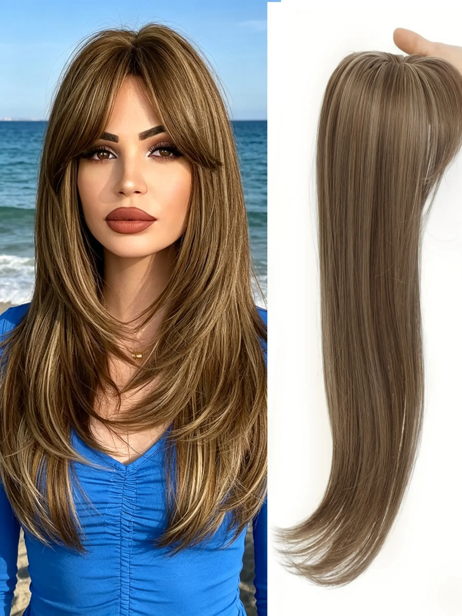 🌊Coastal Warm Caramel Bronde Straight Clip-In Hair Topper With Curtain Bangs, Premium Silky Kanekalon Fibers, Instantly Fix Sparse Crown, Create Glossy Full Straight Locks For Beach & Daily Casual Outfits #CaramelStraightTopper